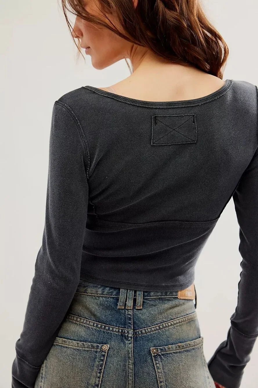 Free People We The Free Women's Lightning Long Sleeve Tee washed black L NEW